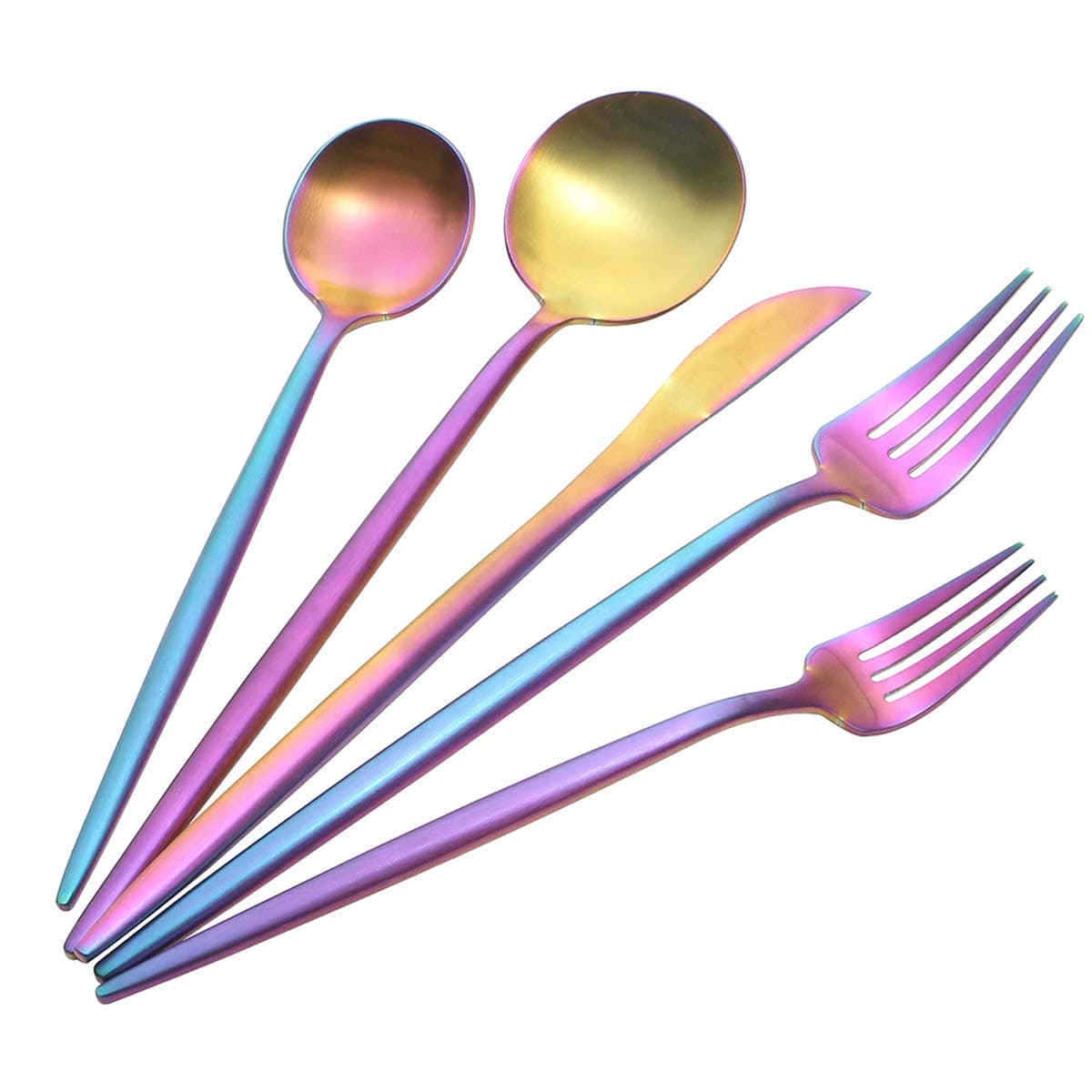 Modern Silverware Flatware Set, MEJAJU 5 Pieces 18/10 Stainless Steel Cutlery Set, for Eating Home Kitchen Hotel Restaurant, Matte Utensils Service for 1, Rainbow, Dishwasher Safe