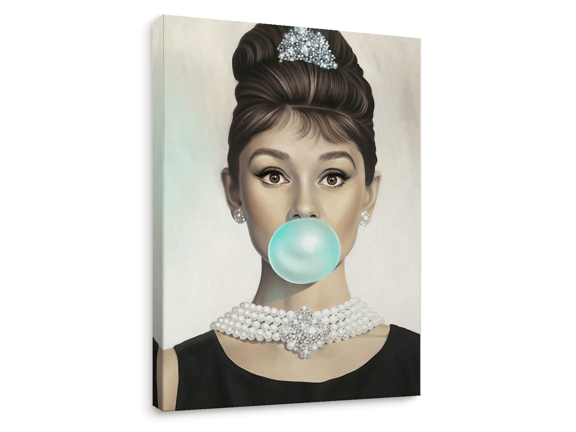 Niwo ART - Audrey Hepburn Tiffany Blue Bubble Gum, Celebrity Canvas Wall Art Home Decor, Gallery Wrapped, Stretched, Framed Ready to Hang (16"x12"x3/4")