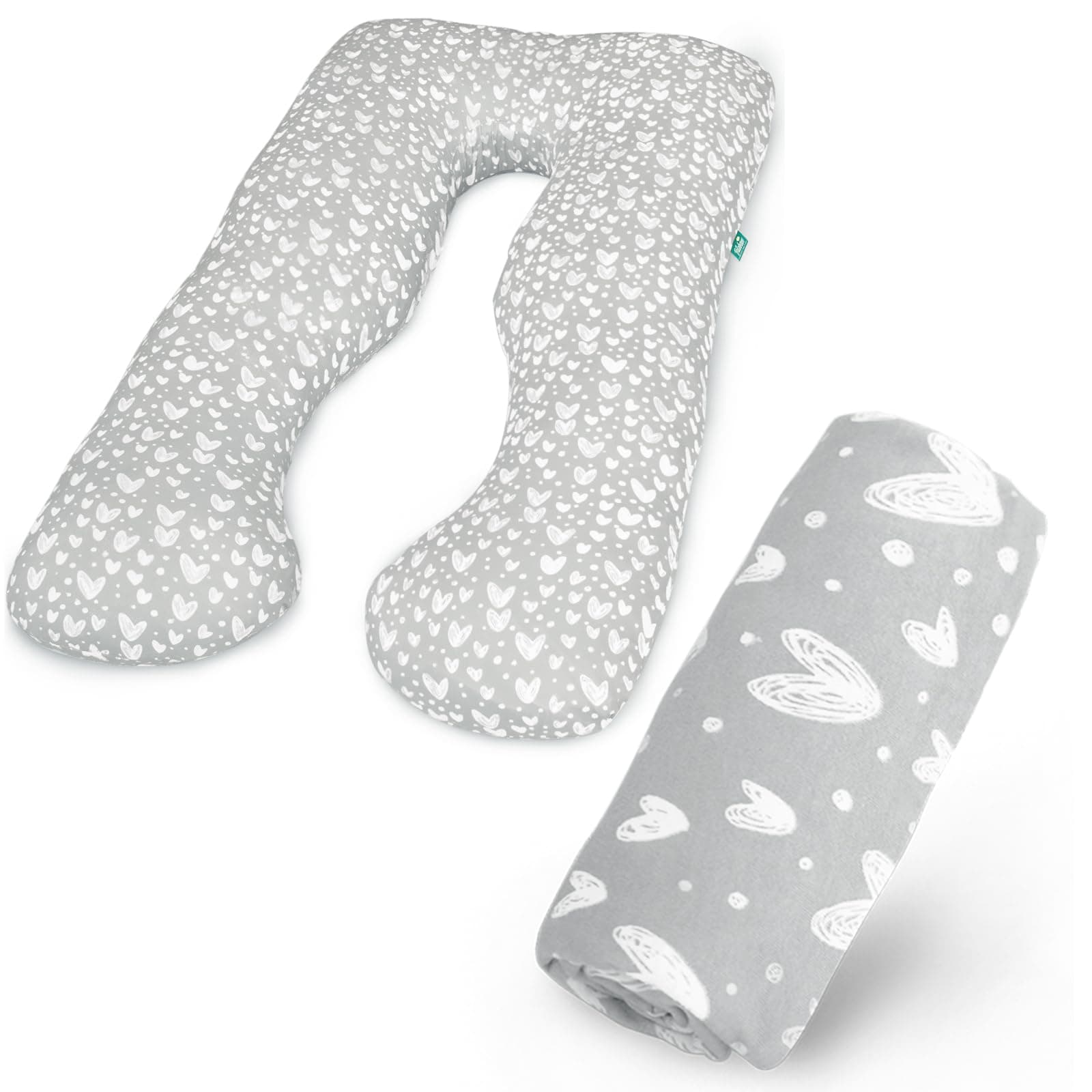 Pregnancy Full Body Pillow Cover U-Shaped, 100% Jersey Knit Cotton Pillowcase Replacement Cover for Maternity Pillow, Ultra Soft, Universal Fit, Grey Hearts Print