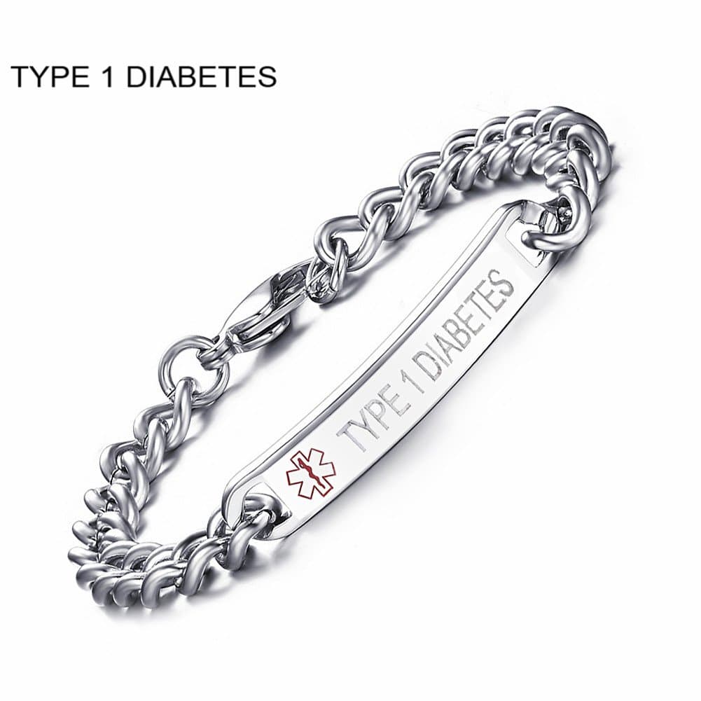 CF Stainless Steel Medical Alert ID Sos Identification Link TYPE 1 DIABETES Bracelet for Men Women,20.5cm