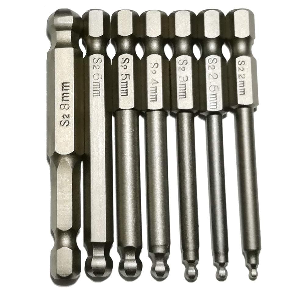 Balldriver Power Bits, 7pcs Set 2MM 2.5MM 3MM 4MM 5MM 6MM 8MM Magnetic Ball End Hex Head Screwdriver Bits Set 1/4 Inch Hex Shank S2 Steel 65MM Length(Ball End Hex)
