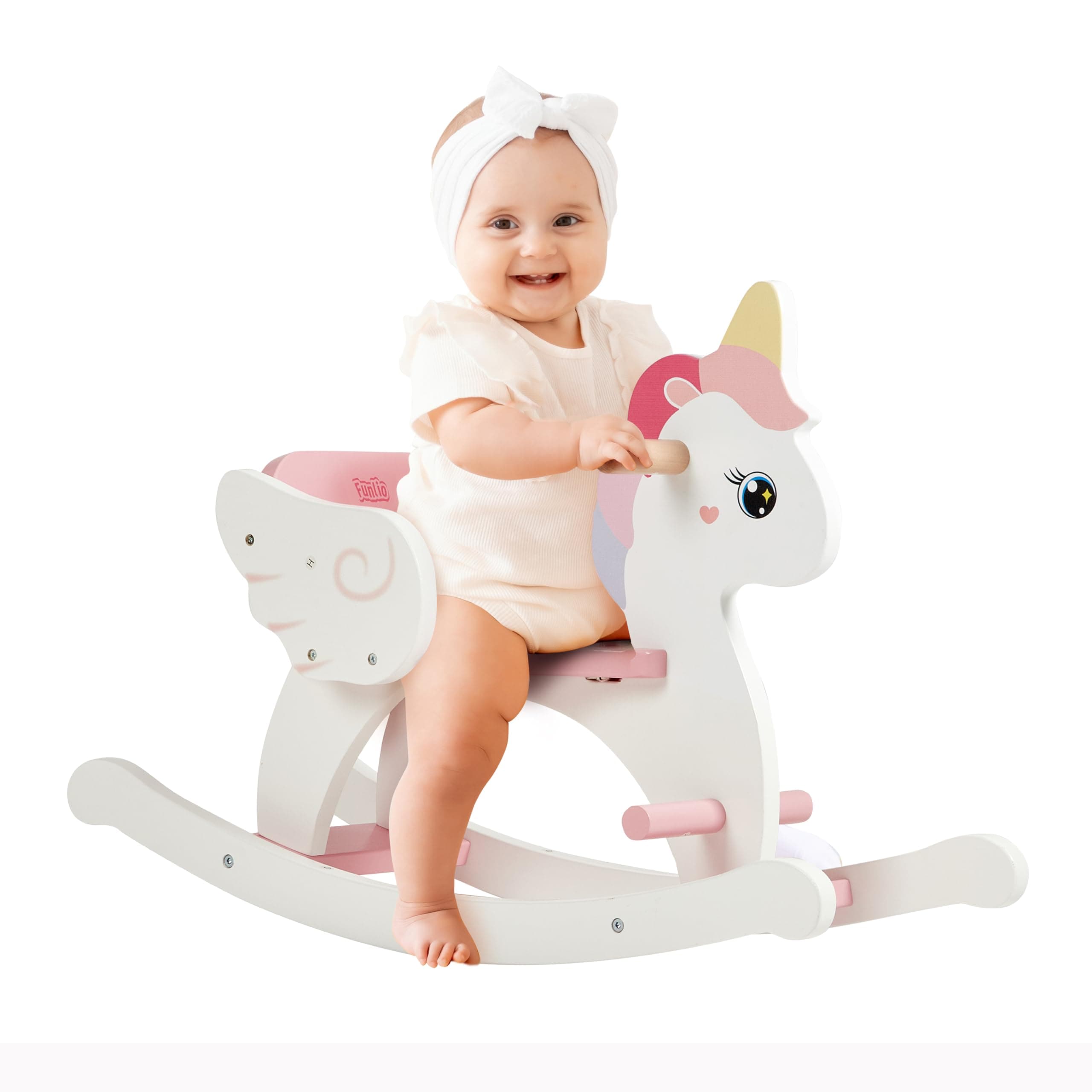 FUNLIO Wooden Unicorn Baby Rocking Horse Ages 0.5-3, Cute Baby Rocking Horse with Safety Belt & Backrest, Easy to Assemble Toddler Ride on Toys, CPC & CE Certified - Pink