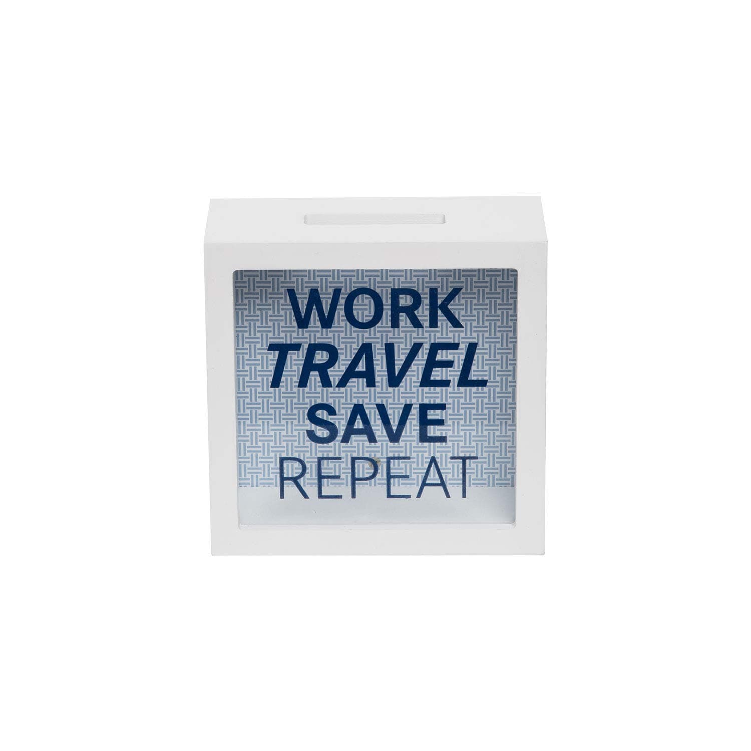 Foreside Home & Garden Work Travel Save Repeat Wooden Piggy Bank, White