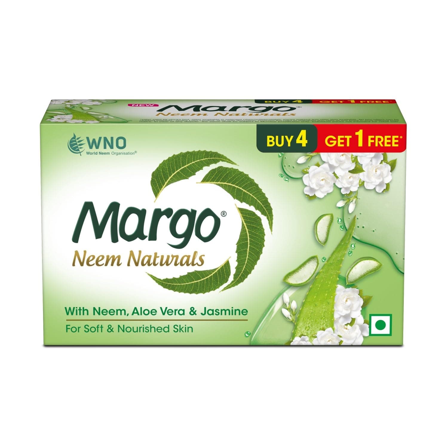 Margo Neem Naturals Soap with Goodness of 1000 Neem Leaves (100gm X Pack of 5) | Enriched With Aloe Vera & Jasmine | Soap for Soft & Nourished Skin [100GM X 5]