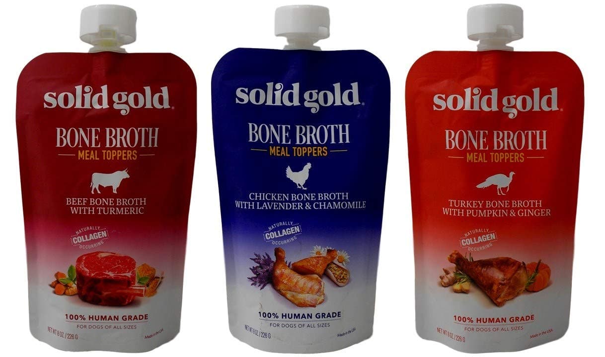 Solid Gold Human Grade Bone Broth Dog Food Meal Toppers 3 Flavor Sampler Bundle, 1 Each: Beef, Chicken, Turkey (8 Ounces)