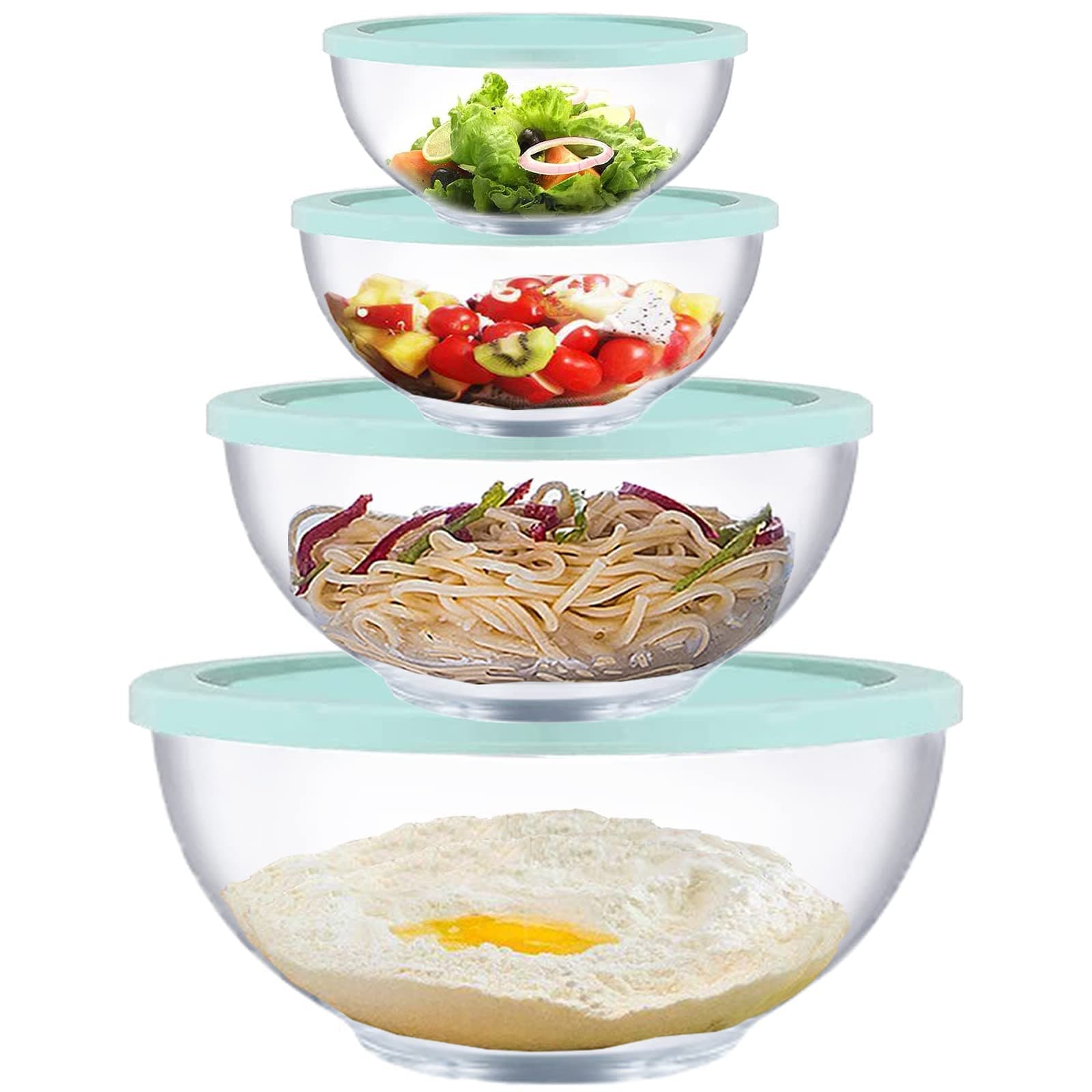 Glass Mixing Bowls with Lids Set, 8 Pieces Glass Salad Bowl Set with Lids(0.6QT,1.1QT,2.2QT,4QT) High Brosilicate Microwave Bowls for Kitchen Baking, Prepping Serving and Storage, Great Gift