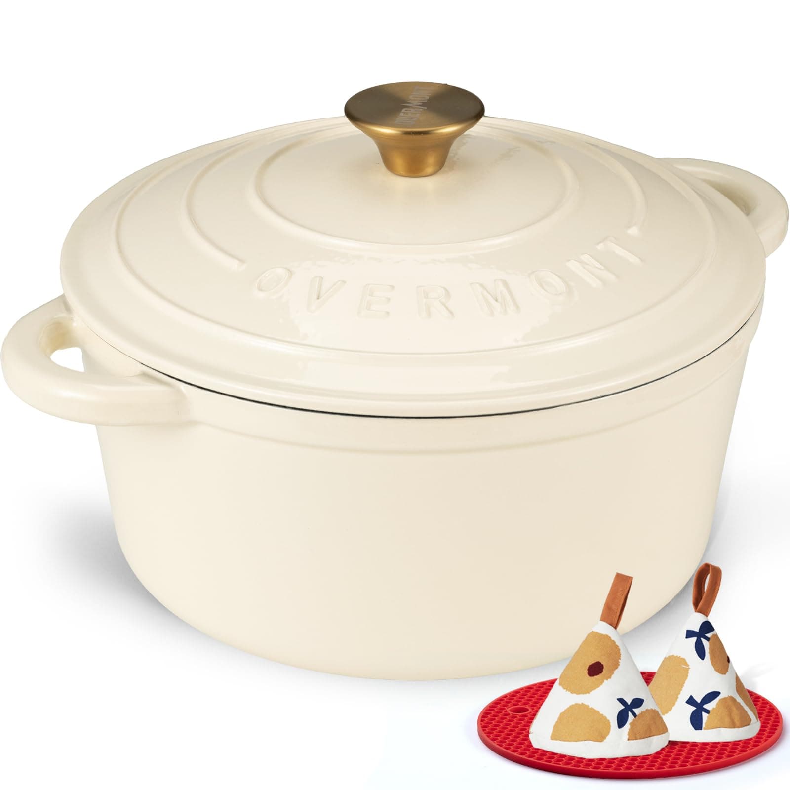 Overmont Enameled Cast Iron Dutch Oven - 7QT Pot with Lid Cookbook & Cotton Potholders - Heavy-Duty Cookware for Braising, Stews, Roasting, Bread Baking Cream White