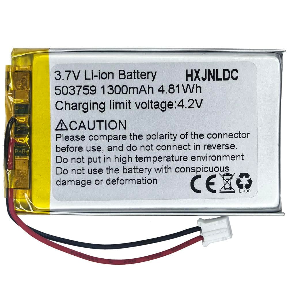 DC 3.7V 1300mAh 503759 Rechargeable Lithium Polymer Battery, Suitable for DIY 3.7-5V Electronic Products with Built-in 2-Wire Battery Replacement and LED Lights
