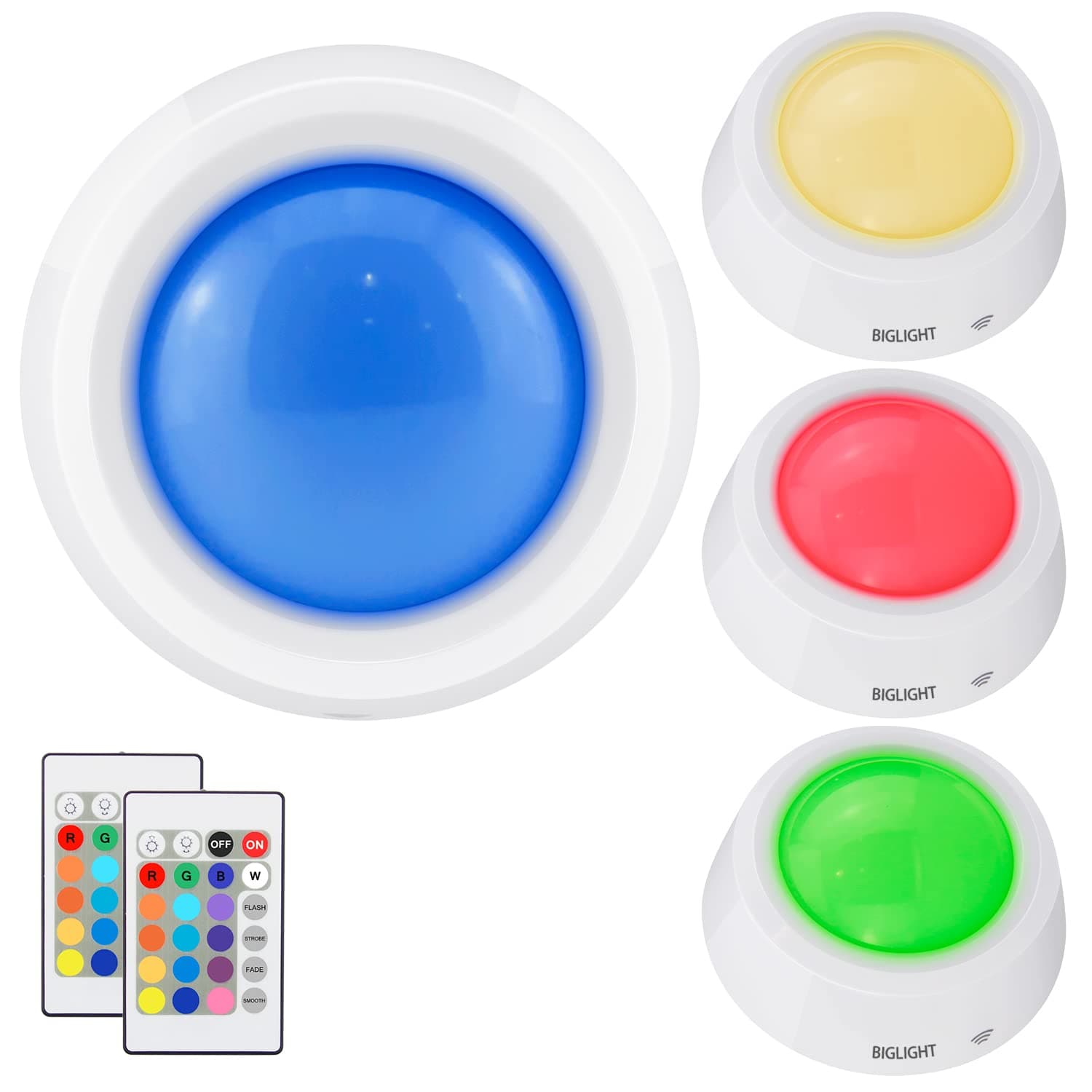 BIGLIGHT Battery Operated Closet Lights with RGB, Wireless Tap Light, LED Puck Lights, Remote Controlled Color Changing, Stick on Voice Level Lights for Classroom， 4 Pack