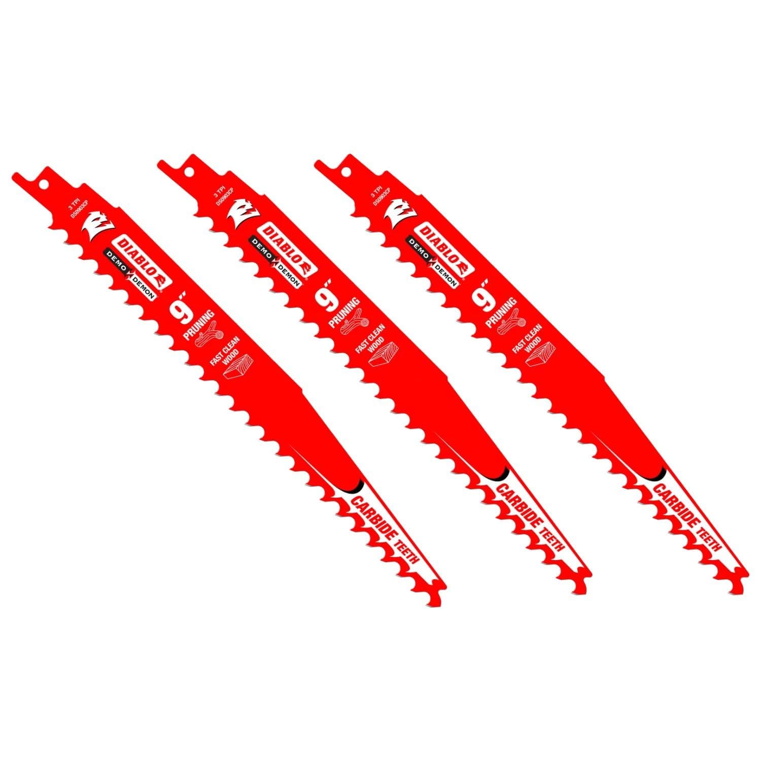 Demo Demon Carbide Tipped Reciprocating Saw Blades for Pruning and Clean Wood - Carbide Tooth Design - 9" Length, 3 TPI, 3-Pack - DS0903CP3