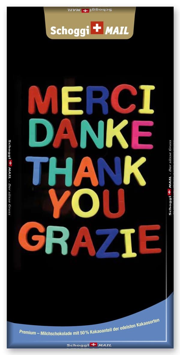 Greeting Card & Premium Swiss Chocolate, Postcard - Merci, Danke, Grazie …