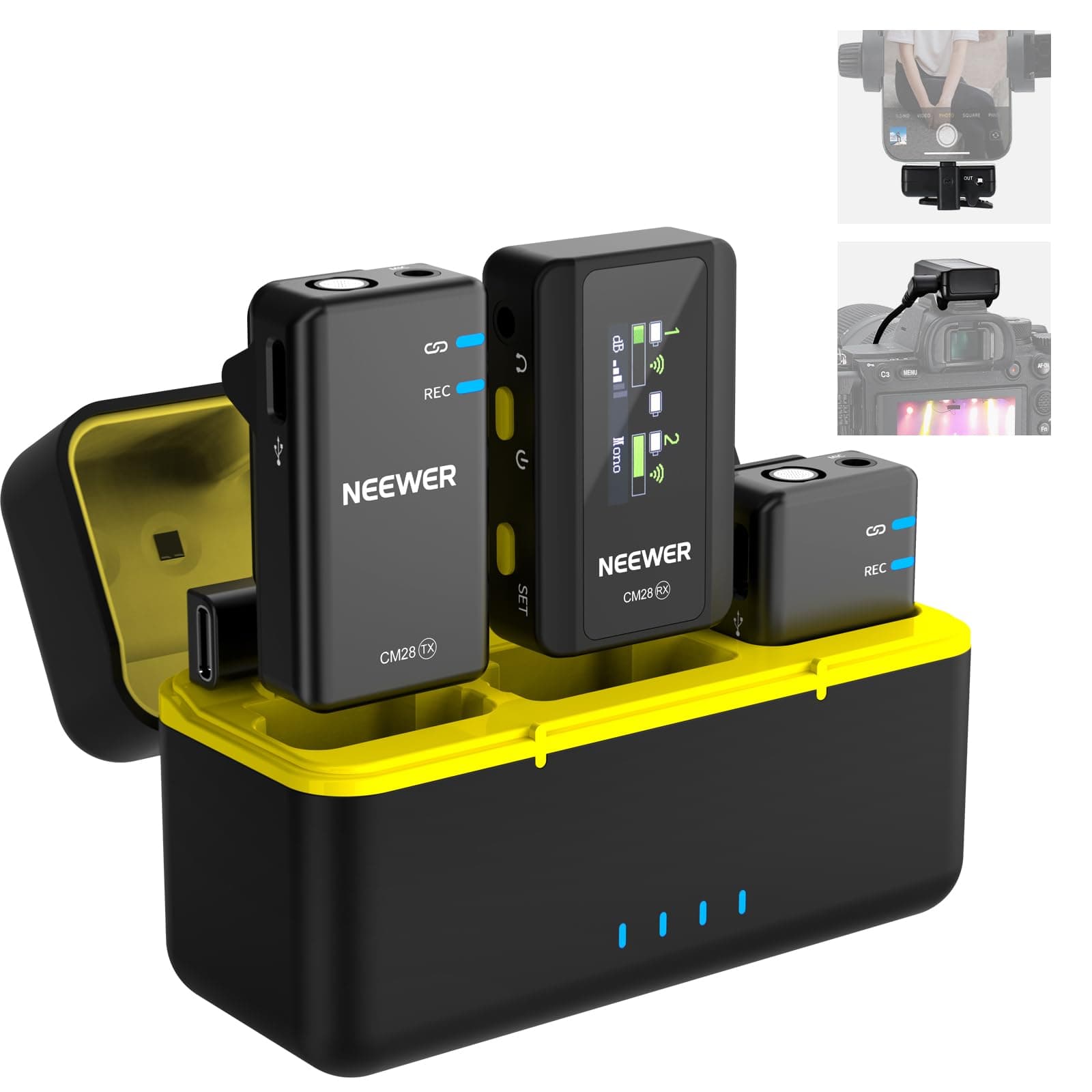 NEEWER CM28 Wireless Lavalier Microphone System with Charging Case, 1 Click Noise Canceling, 4GB Storage for 9Hrs of 48KHz 16 Bit Uncompressed Audio Lapel Mic Compatible with iPhone/Android/PC/Camera