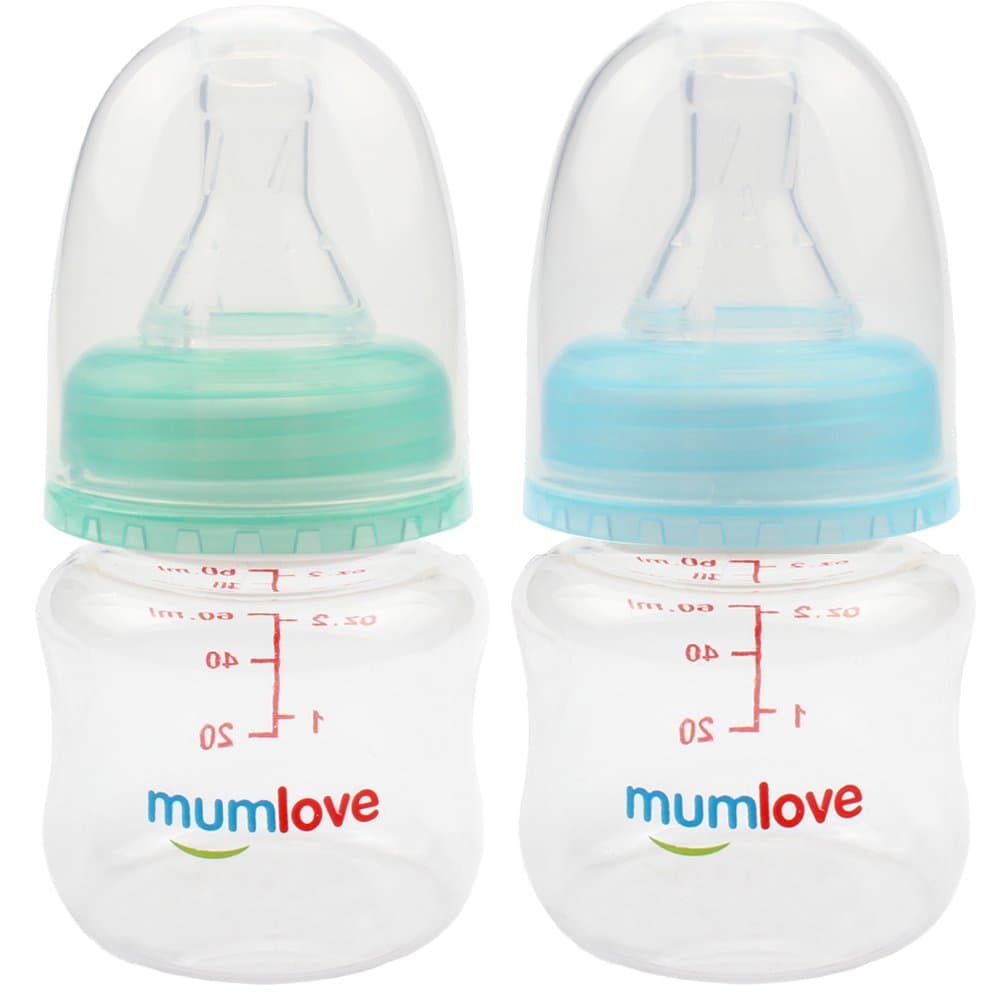 MUAI BPA Free Newborn Baby Feeding Bottle with Slow Flow Nipple, 2 Ounce, 2 Count (Green/Blue)