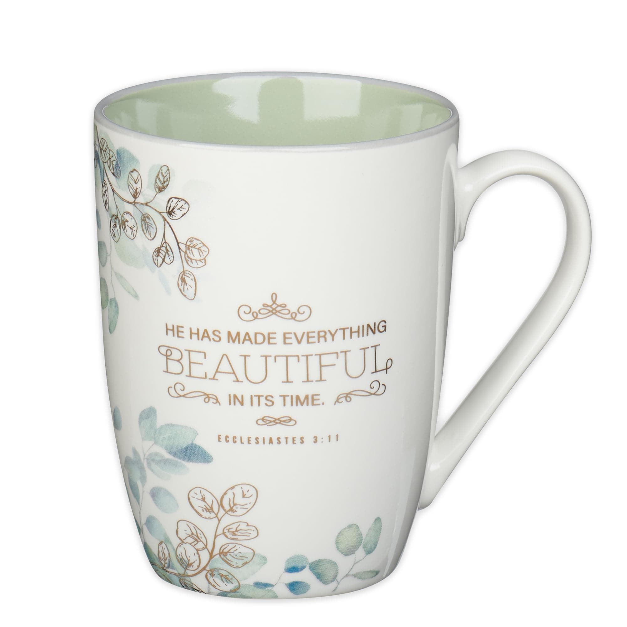 Christian Art Gifts Ceramic Encouraging Coffee and Tea Mug for Women: Made Everything Beautiful - Ecclesiastes 3:11 Inspiration Bible Verse for Hot and Cold Beverages, White and Sage Green, 12 oz.