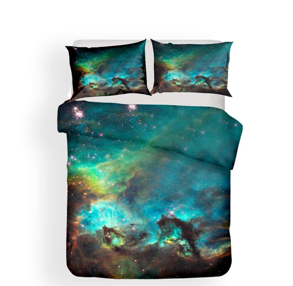 ADGAI 3D Starry Sky Duvet Cover Set Allergy Prevent Universe Moon Bedding Set 3 Piece Duvet Quilt and Pillow Cover for Kids, Boys, Girls,E,Single