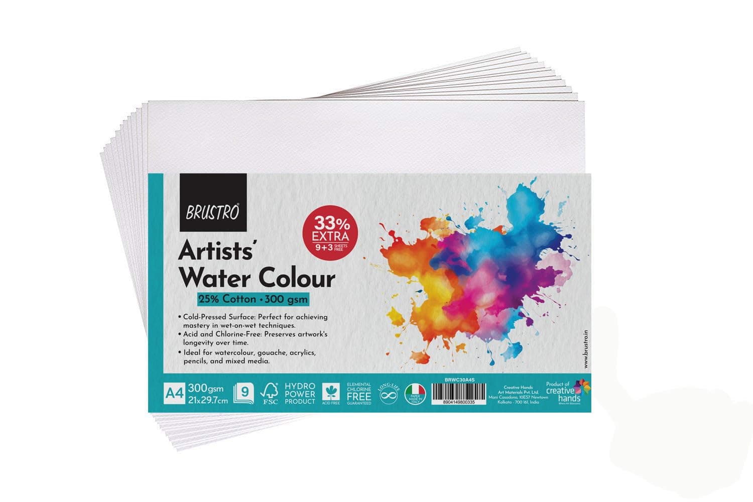 BRUSTRO Artists 25% Cotton Watercolour Paper| 300 GSM,Size A4, Cold Pressed | Pack of 12 Sheets | Ideal for Artist, Professional Drawing, Painting Dry & Wet, Fine Arts Students