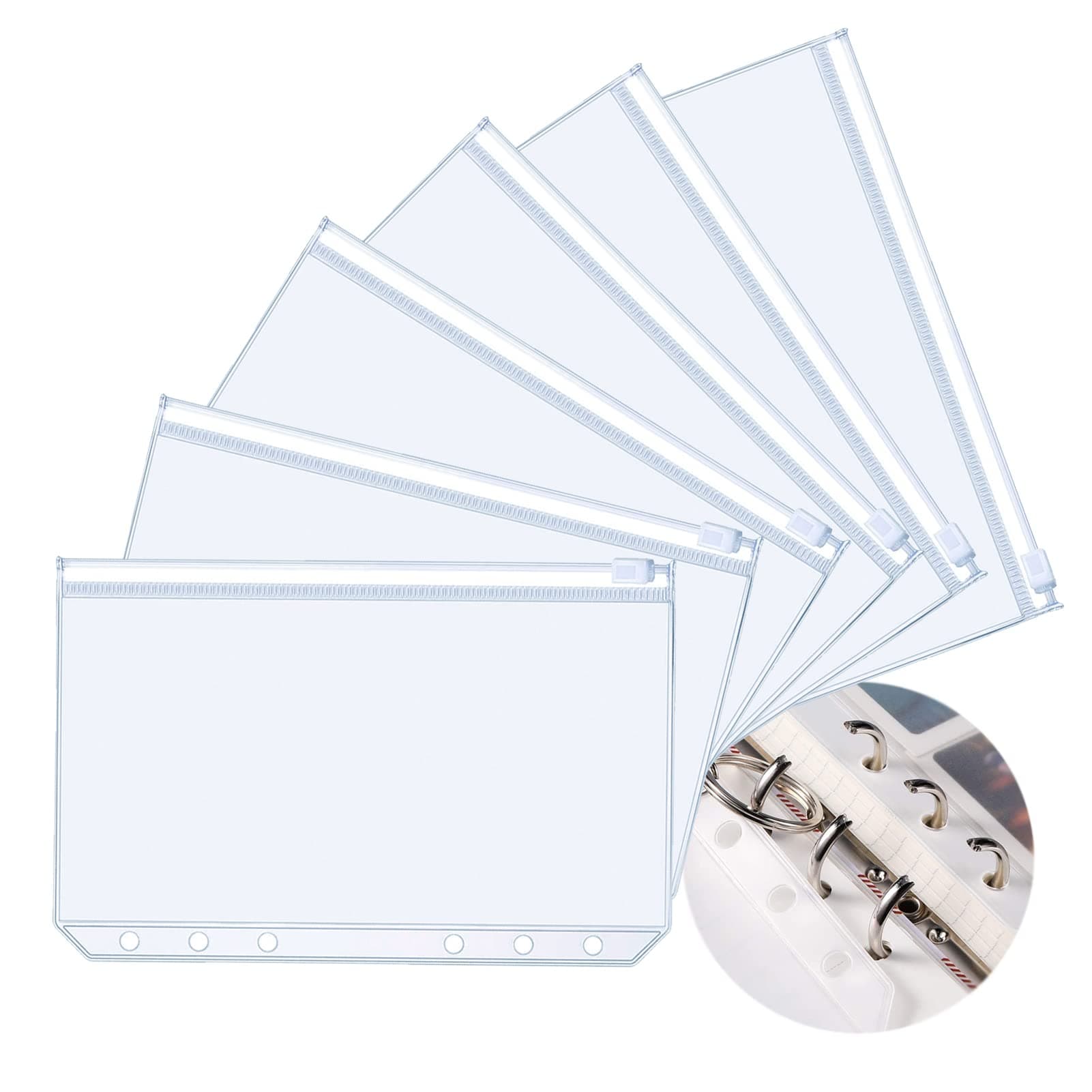 6X Pcs Plastic Binder Pockets,A6 Size 6 Holes Plastic Binder Zipper Folders Waterproof Loose Leaf Bags for Documents,Photo,Bills Organizer