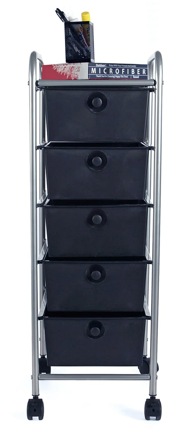EaseOffice 5-Drawer Rolling Storage Cart with Heavy Duty Chrome Steel Frame for Home, Office, Beauty Salon and More, Black