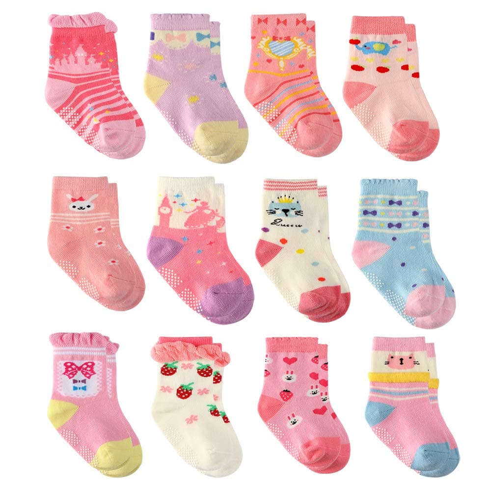 12 Pairs Toddler Girl Grip Socks Non Skid Cotton Crew Socks, Baby Socks Girl ...