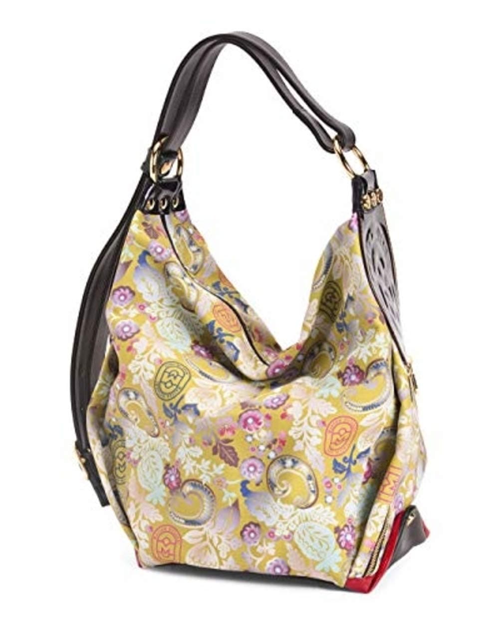 Italy Leather Backpack Convertible Floral Pattern Gold Tone Hardware