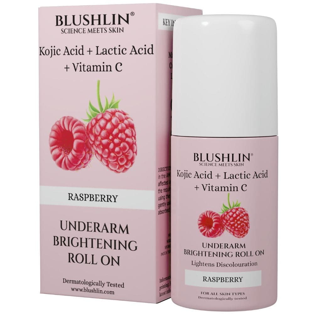 BLUSHLIN Kojic Acid UnderArm Brightening Roll on with AHA | Lactic Acid, Mandelic Acid, Raspberry, & Vitamin C | Prevents Body Odour, Fades Pigmentation, Kills Bacteria | Suitable for Sensitive Skin