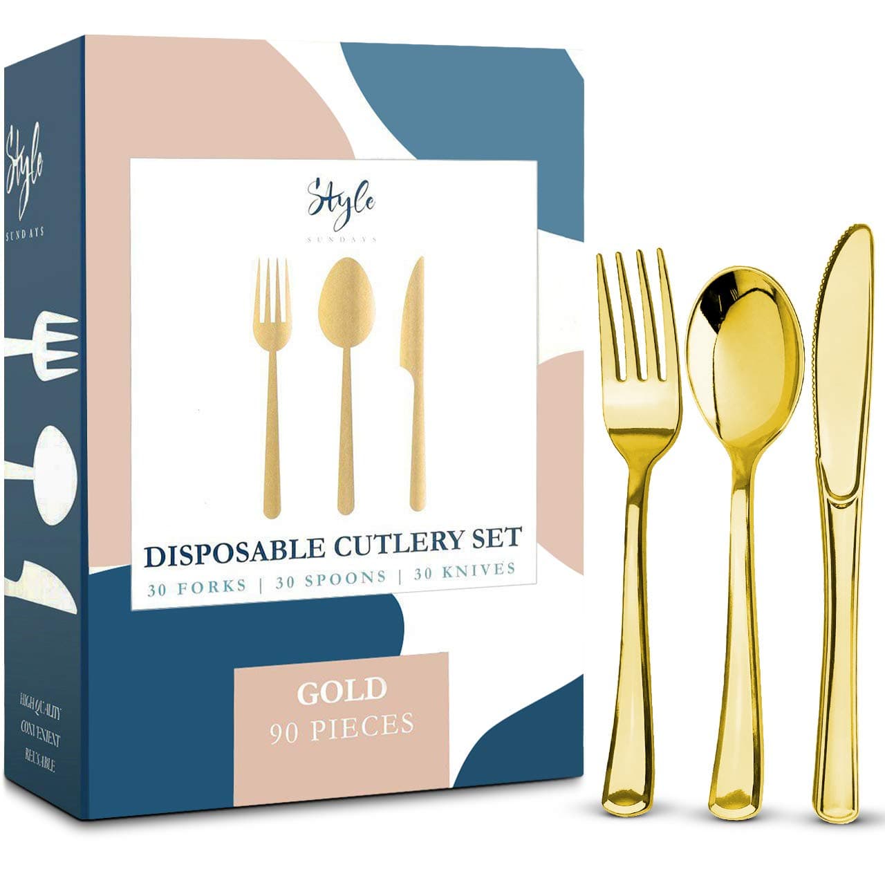 Gold Plastic Silverware Party Bulk Utensils Set – Heavy Duty Plastic Disposable Cutlery (30 Spoons, 30 Forks & 30 Knives) Ideal for Gold-Themed Elegant Parties, Birthdays, Dinner & Luxury Wedding