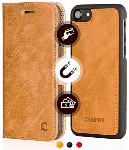 iPhone 8 / iPhone 7 Leather Wallet Case - Folio Book in Italian Style, Genuine Flip Case, 3 Card Holder and Cash with Kickstand Function - Magnetic Clip Closure & Detachable Hard Cover - Cognac