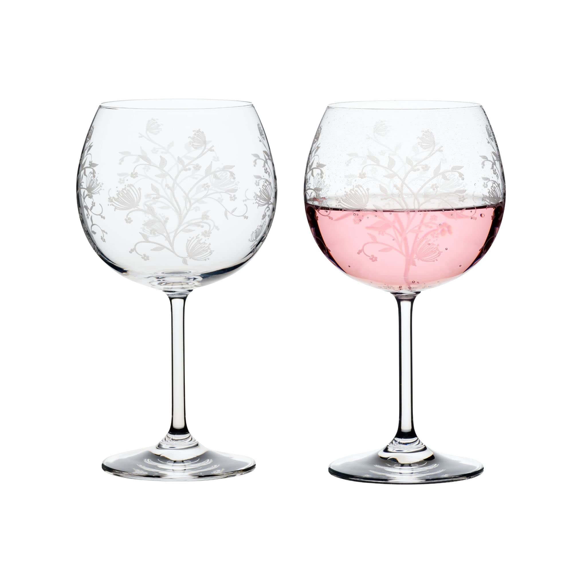 Muldale Etched Crystal Gin Glasses Set of 2 for Women - Large 460ml Gin and Tonic Glasses - Floral Gin Goblets Gin Glass Gift Set - European Crystal