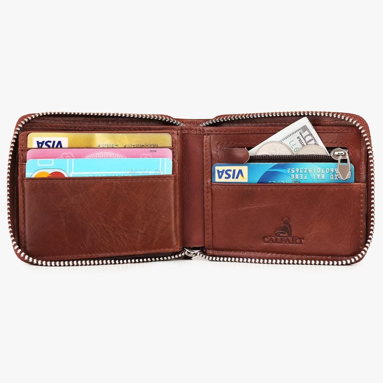 CALFART Slim Zipper Wallets For Men RFID Leather Mens Bifold Creidt Card Holder Zip Around Wallet With Coin Pocket, Brown, M, Zipper Wallets for Men