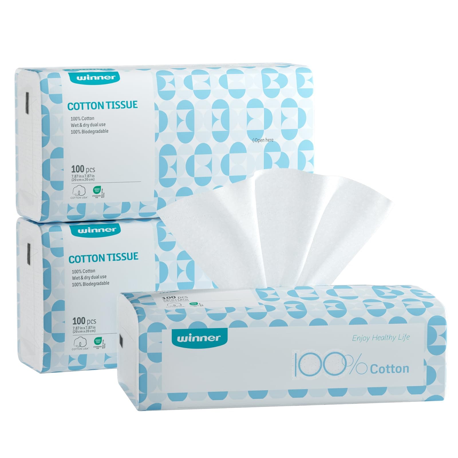 Winner Soft Face Towels, 100% USDA Biobased Facial Towels, Unscented for Sensitive Skin, OEKO-TEX Certified Face Towelettes Disposable, Makeup Remover Dry Wipes, 300 Count, Pack of 3