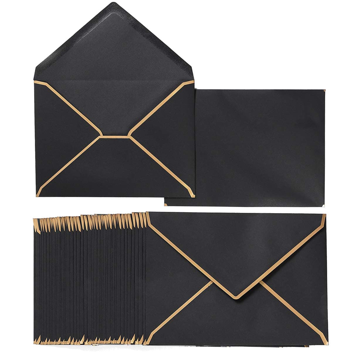 50 Pack Black A7 Envelopes 5 x 7 Self-Adhesive V Flap Envelopes with Gold Border for Office, Greeting Card, Wedding, Graduation, Baby Shower, Parties, Invitations (Black, 5x7)