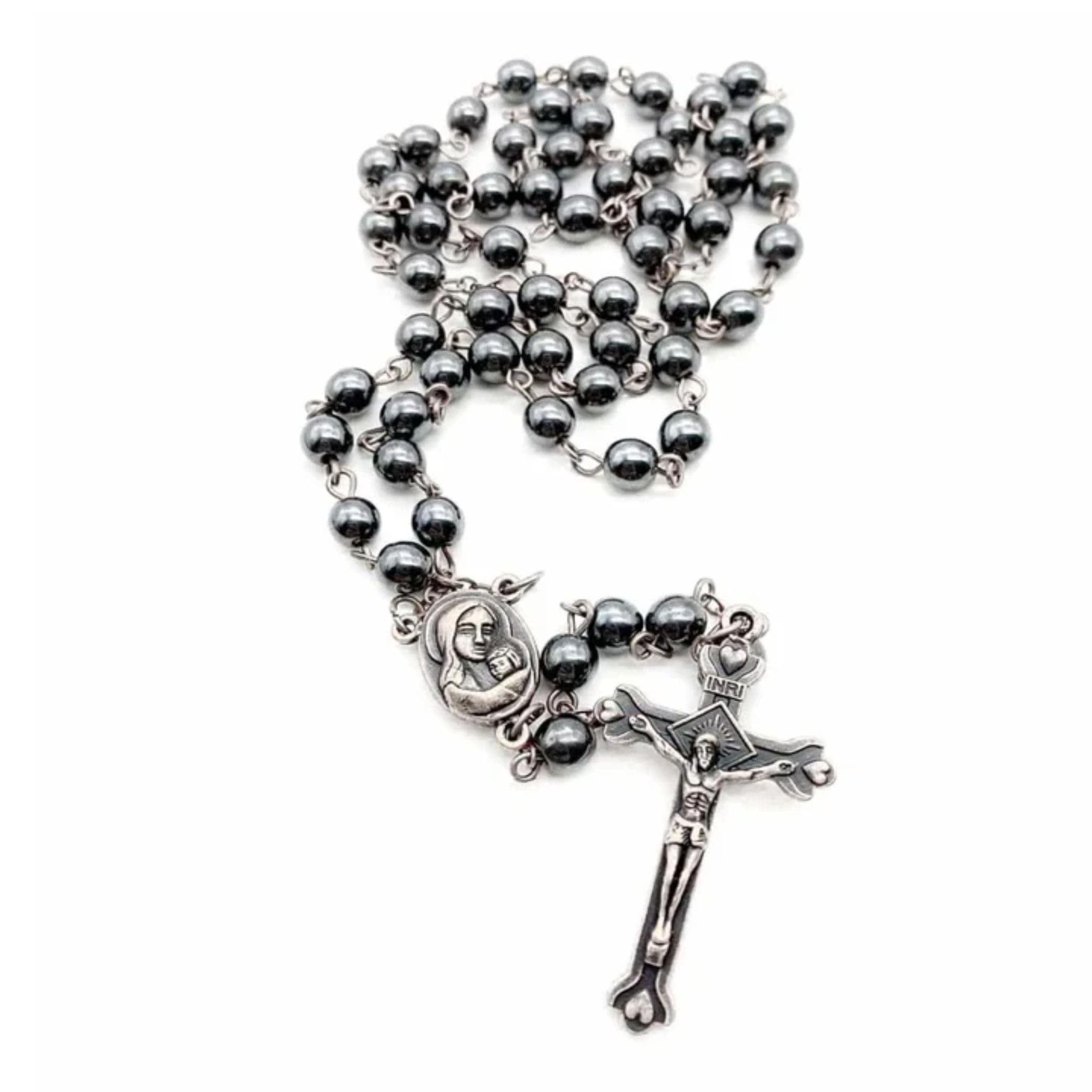 Hematite Rosary Black Stone Beads Necklace with Jerusalem Holy Soil & Cross