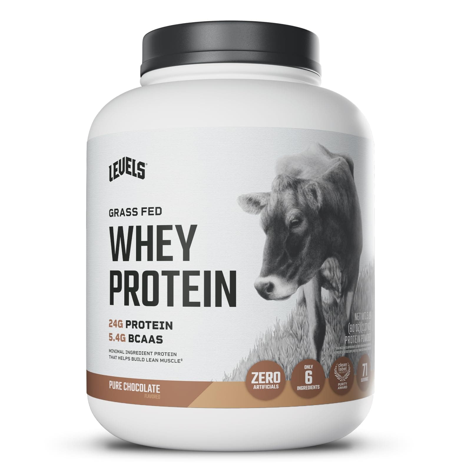 Levels Grass Fed Whey Protein Powder, No Artificials, 24G of Protein, Pure Chocolate, 5LB