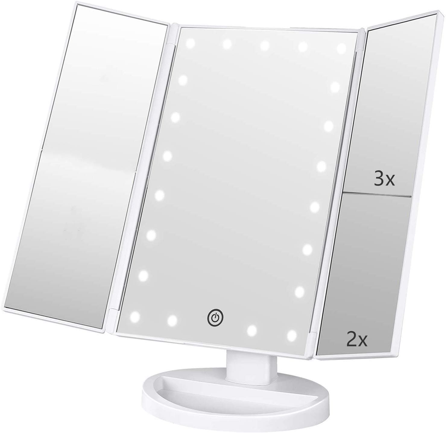 Flymiro Lighted Vanity Makeup Mirror 1x/2x/3x Magnification,Vanity Mirror Tri-fold with 21 LED Lights and Touch Screen,180° Rotation Countertop Cosmetic Travel Mirrors