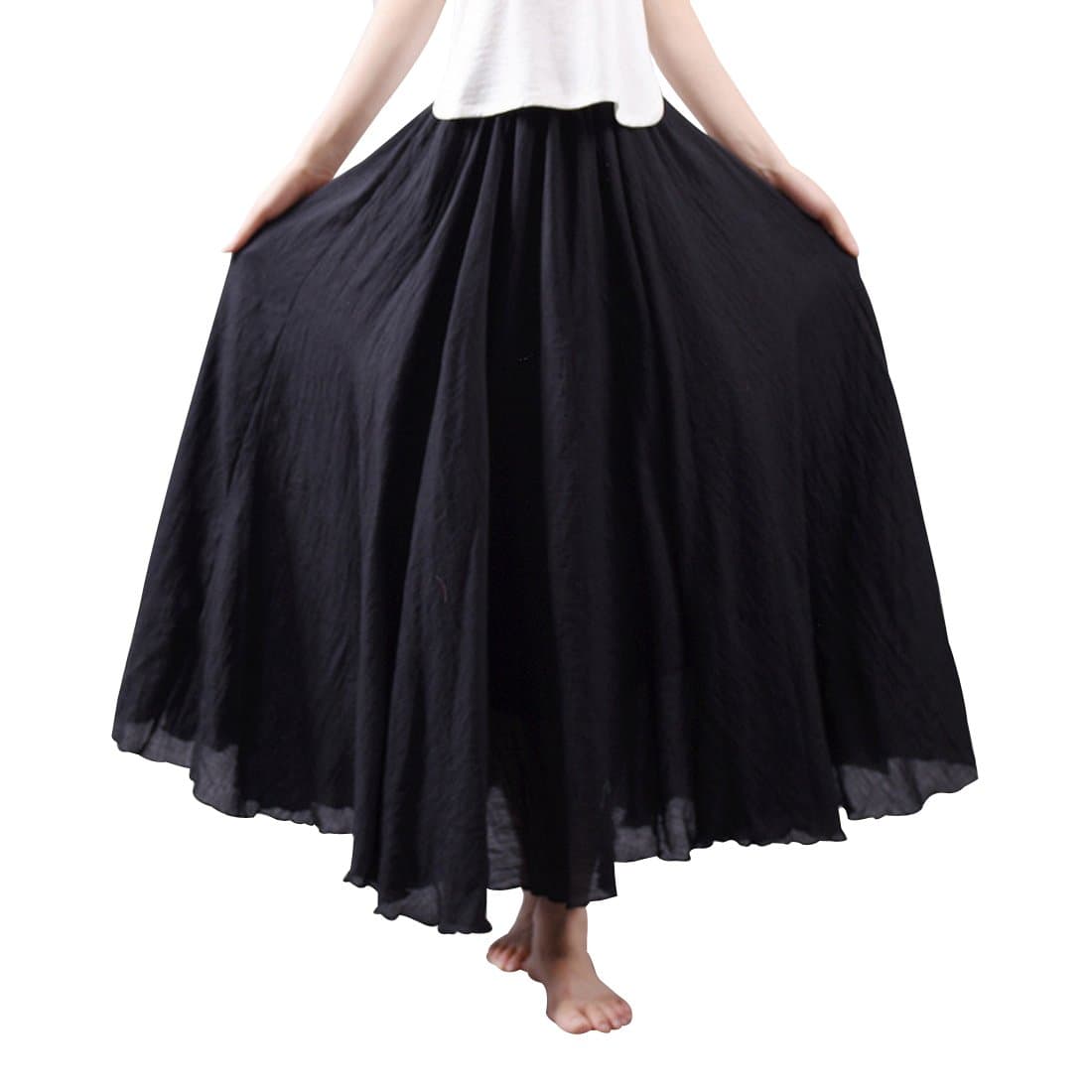 Kafeimali Women Bohemian Cotton Linen Double Layer Elastic Waist Long Maxi Skirt