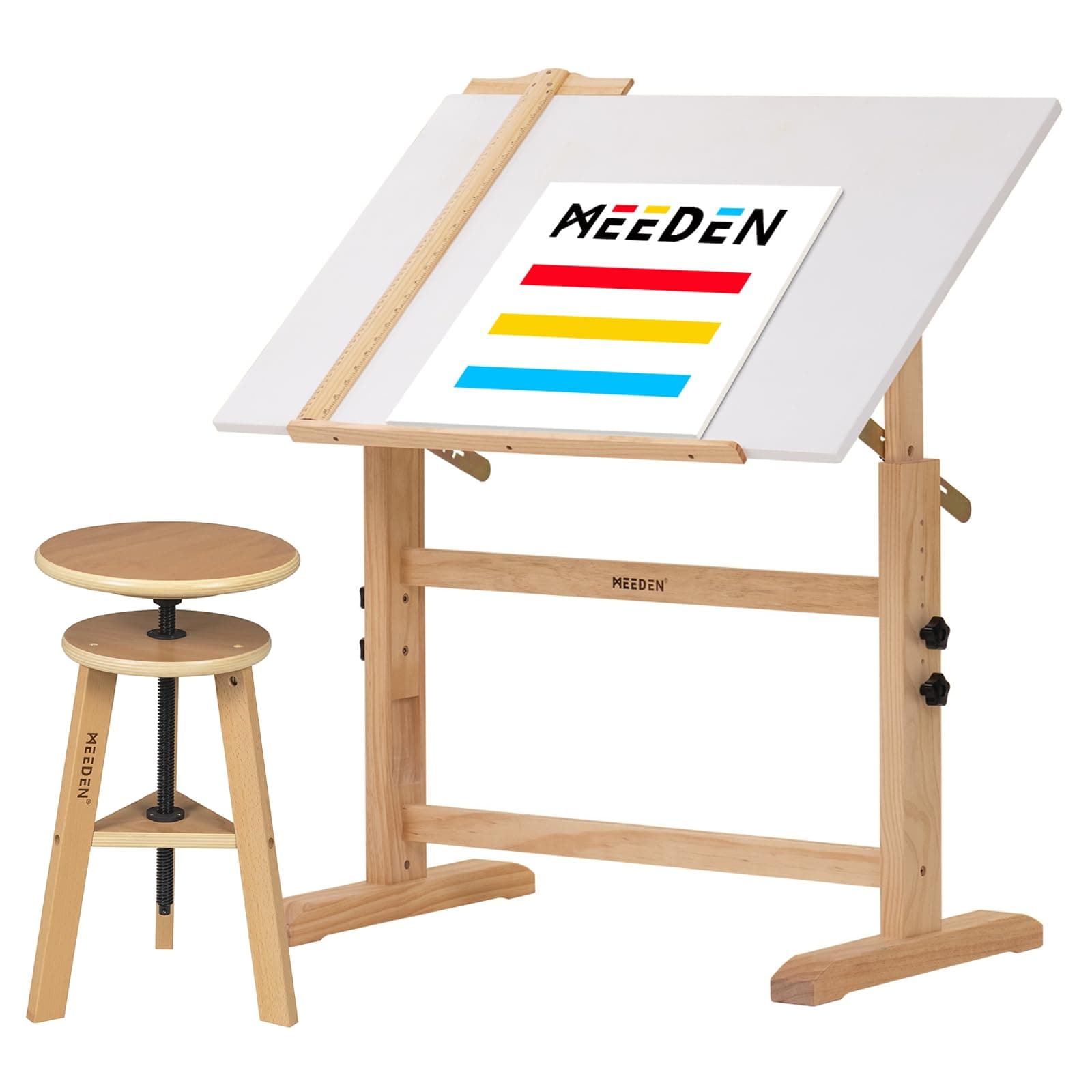 MEEDEN White Board Drafting Table and Stool Set, Height Adjustable Artist Wooden Stool, Art Craft Table, Tilting Drawing Desk, Artist Desk for Writing, Reading, Artwork