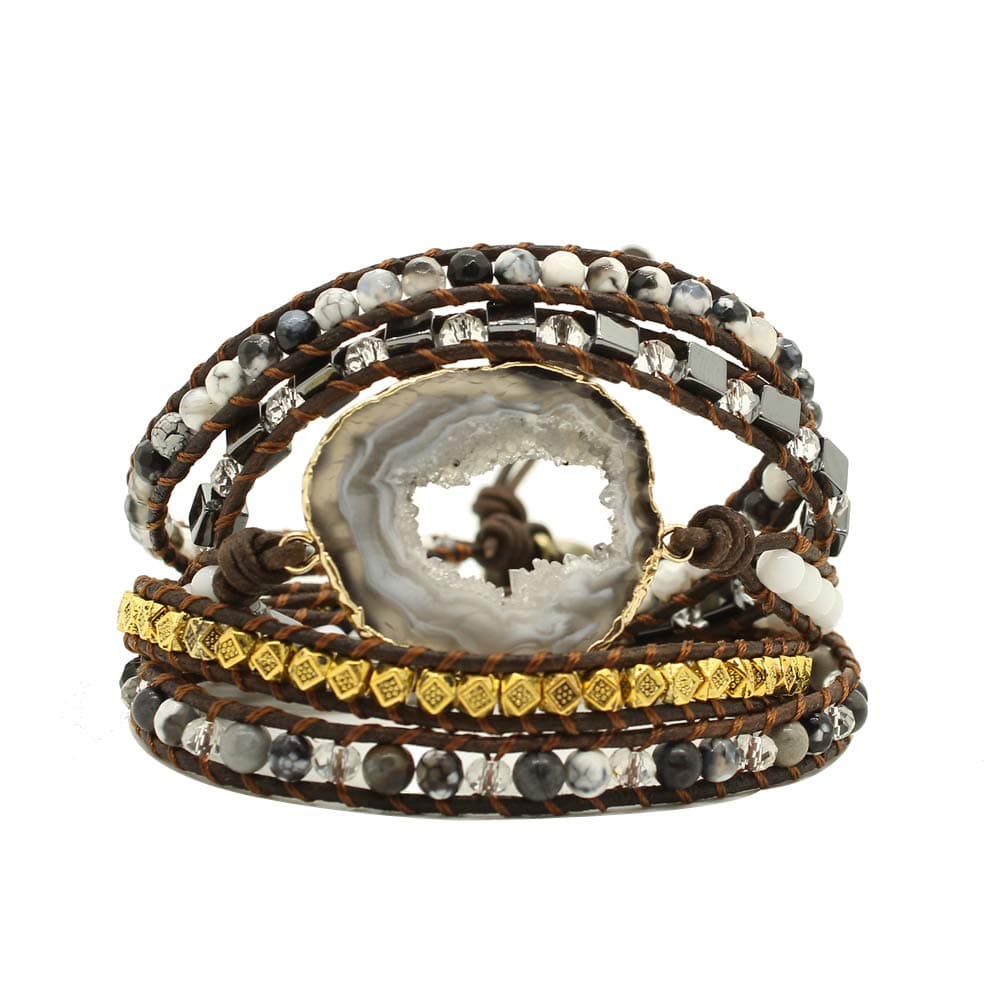 Bonnie Gemstone Wrap Bracelet Cuff 5 Wraps Agate Bead Leather Bracelet & Gold Plated Agate Druzy Geode Slice Stone Tree of Life Bracelet for Women