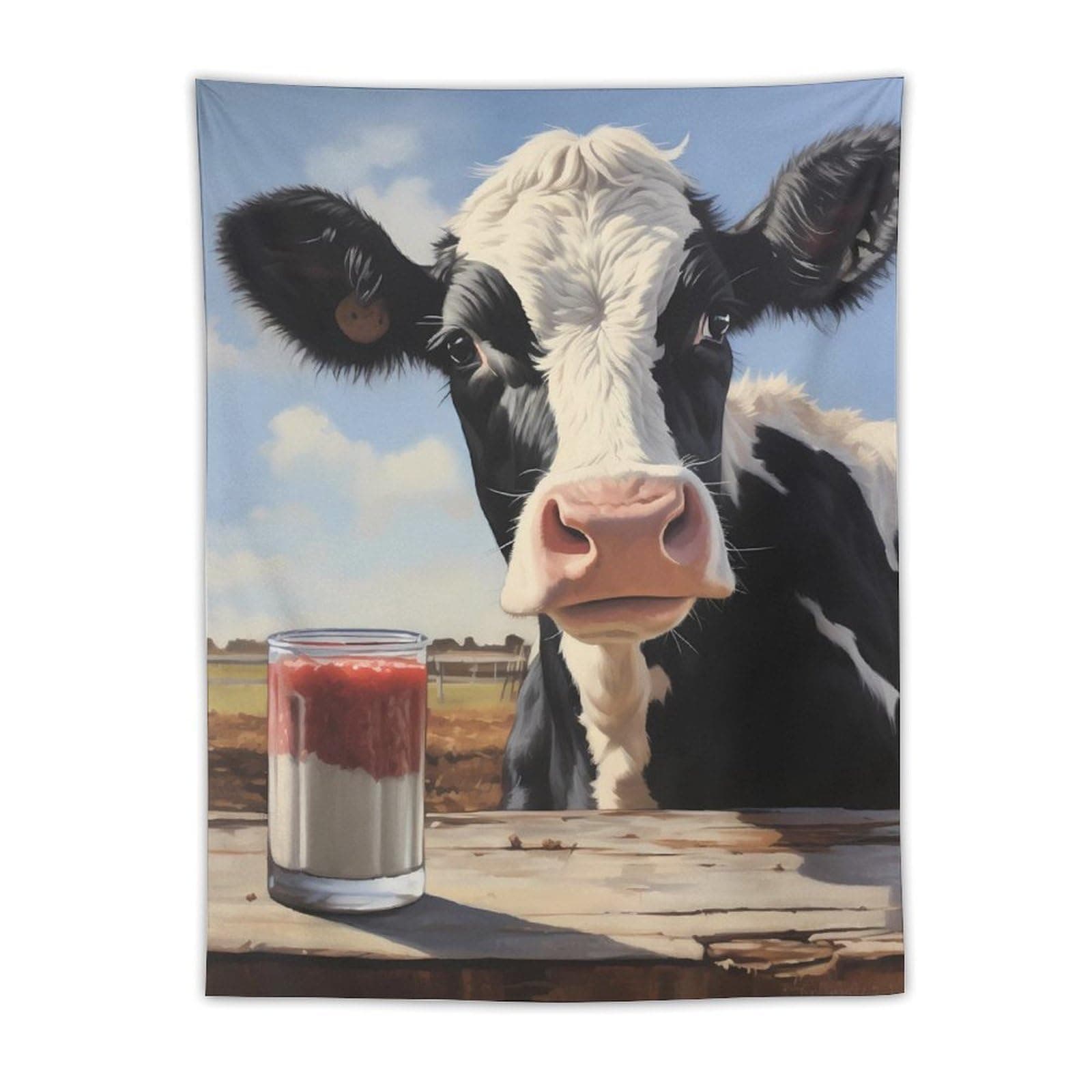 Moo Cow and Milk Printed Tapestry Wall Hanging Poster Vertical Artwork for Home Bedroom Living Room Decorative