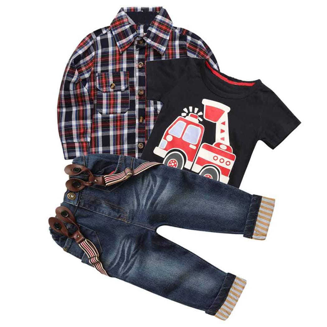 MYGBCPJS 3Pcs Boy Handsome Outfit Set Plaid Shirt + T-Shirt + Suspender Jean Sets