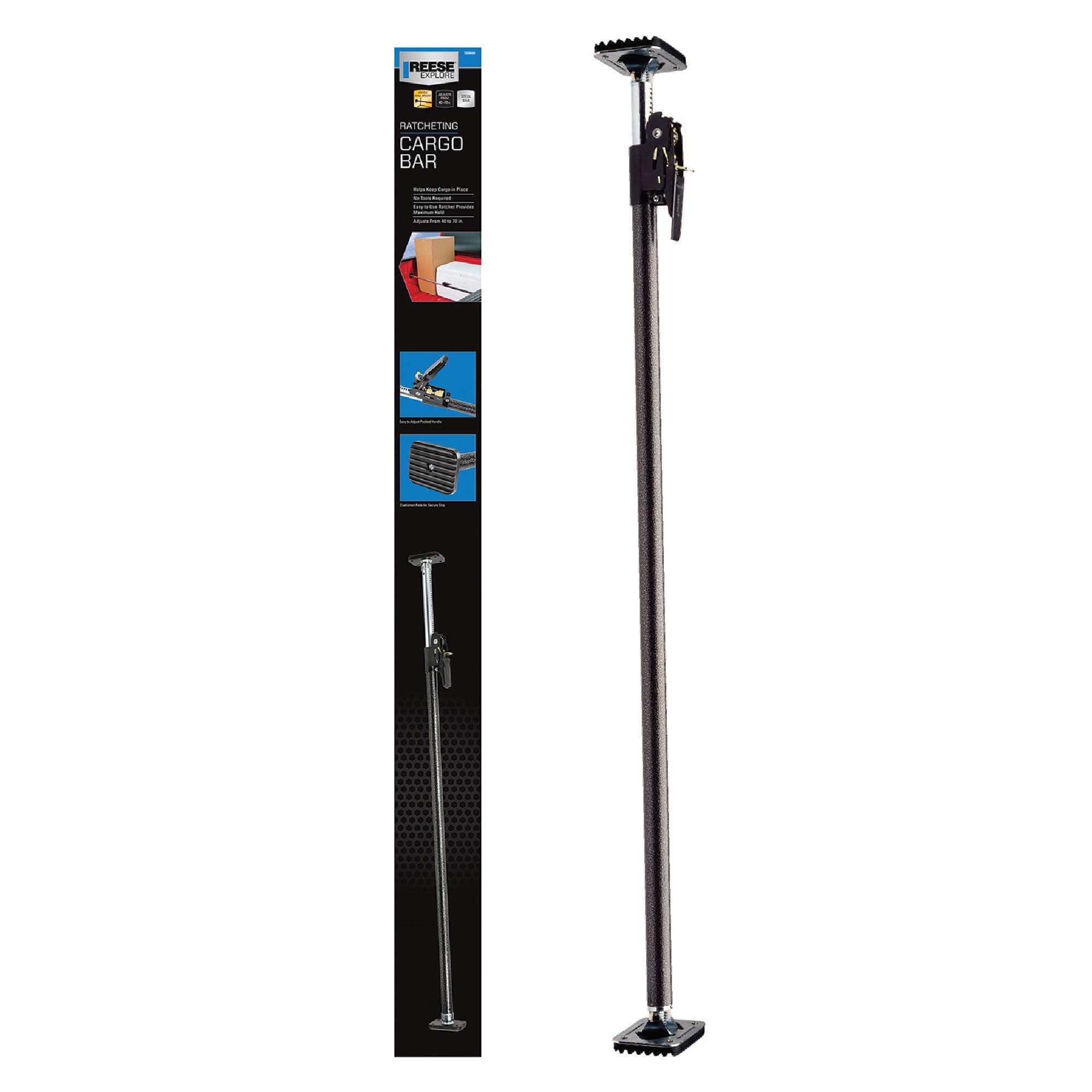 Reese Towpower 1390600 Ratcheting Cargo Bar Adjustable 40 Inch to 70 Inch, Designed To Stop Cargo From Shifting In Sport Utility Vehicles, Trucks And Vans.