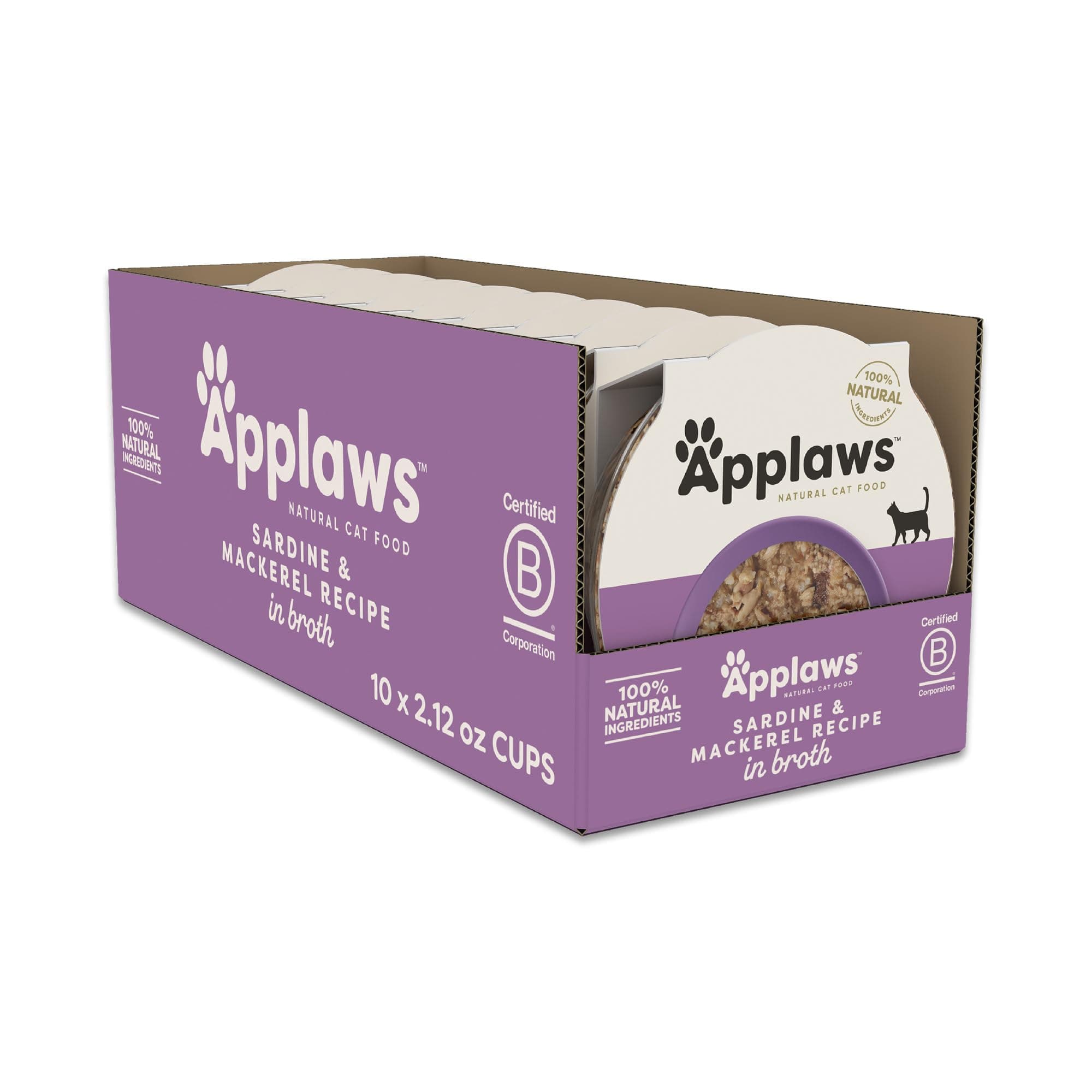 Applaws Natural Wet Cat Food in Broth, Limited and Natural Ingredients, High Protein with No Artificial Additives, Sardine & Mackerel in Broth (10 x 2.12 oz Easy-Open Cups)