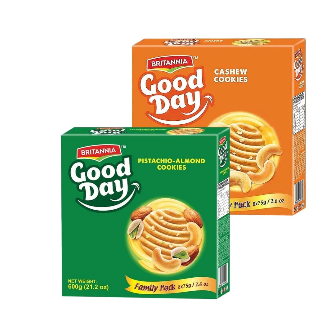 Good Day Cashew & Pistachio/Almond 21.2oz (600g) Combo Pack - Breakfast & Tea Time Snacks - Delicious Grocery Cookies (Pack of 1 Each)