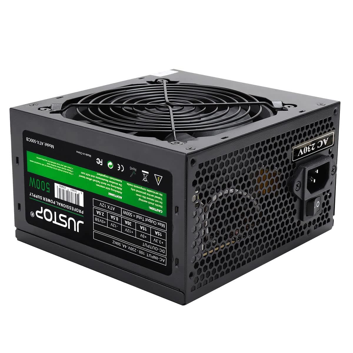JUSTOP 500W ATX PC Power Supply PSU 120mm Quiet Cooling Fan, 3x SATA / 24 PIN / 4 PIN 12V / 2x MOLEX