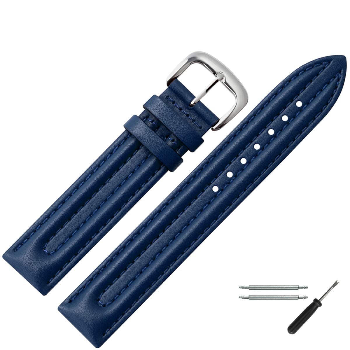 Marburger Spare Leather Watch Strap, 20 mm, Durable Leather Watch Strap with Double Bead Padding, Genuine Cowhide Leather, Dark Blue/Silver, Blue Stitching