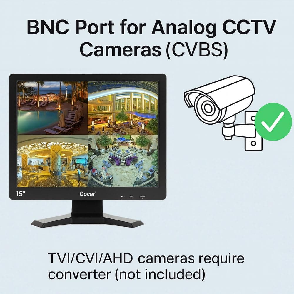 Cocar 15" CCTV Security Monitor (BNC VGA HDMI with Built-in AV Speaker) 4:3 HD Display LCD Screen Display with USB Media Player for Home Surveillance Camera STB PC