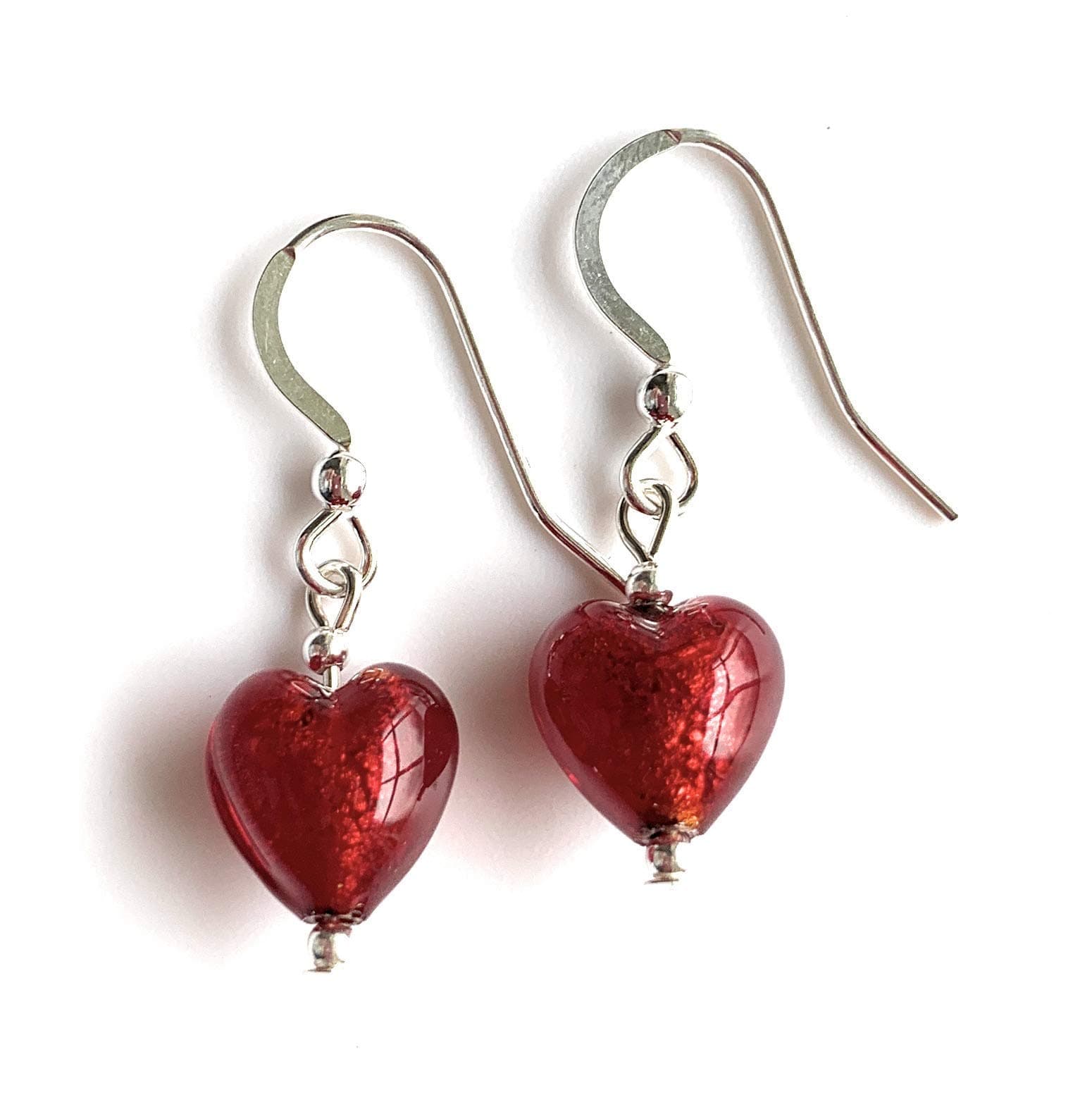 Diana Ingram earrings with red Murano glass mini heart drops on Sterling Silver or 22 Carat gold vermeil hooks