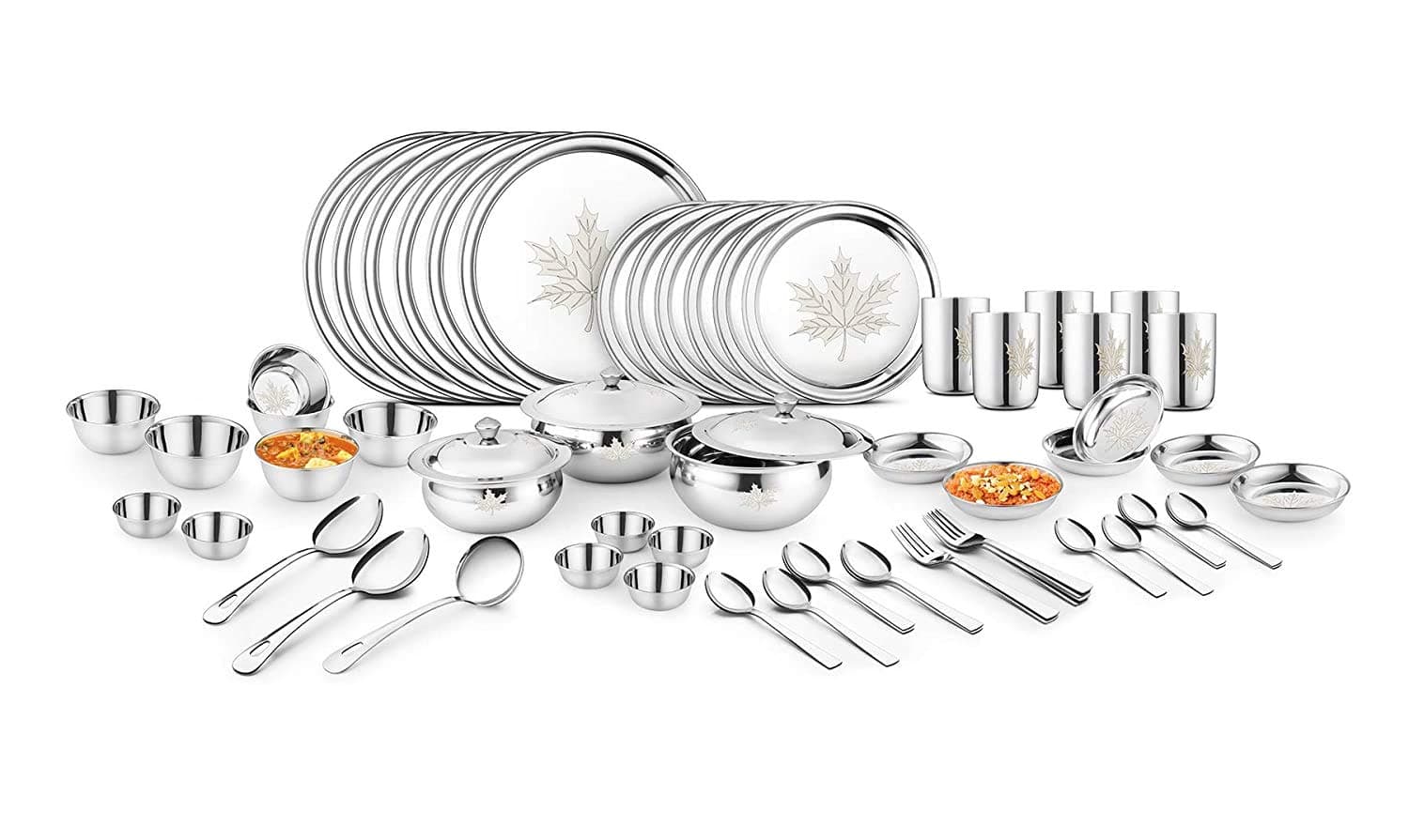 Classic Essentials High Grade Stainless Steel with Permanent Maple Laser Design Dinner Set of 61 pcs (Out Side Shiny Finish and in Side Matte Finish) -Silver, Classic Essentials SS CE-SVM6140