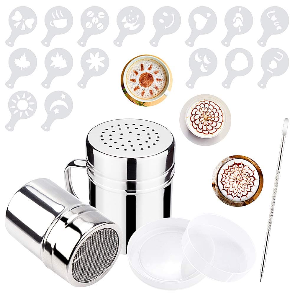 2 Sizes Coffee Sprinkles Powder Set,Stainless Steel Mesh Icing Sugar Shaker,with 16 Coffee Stencils for DIY Cappuccino Coffee,Lcing Sugar Cocoa Flour & Latte Coffee