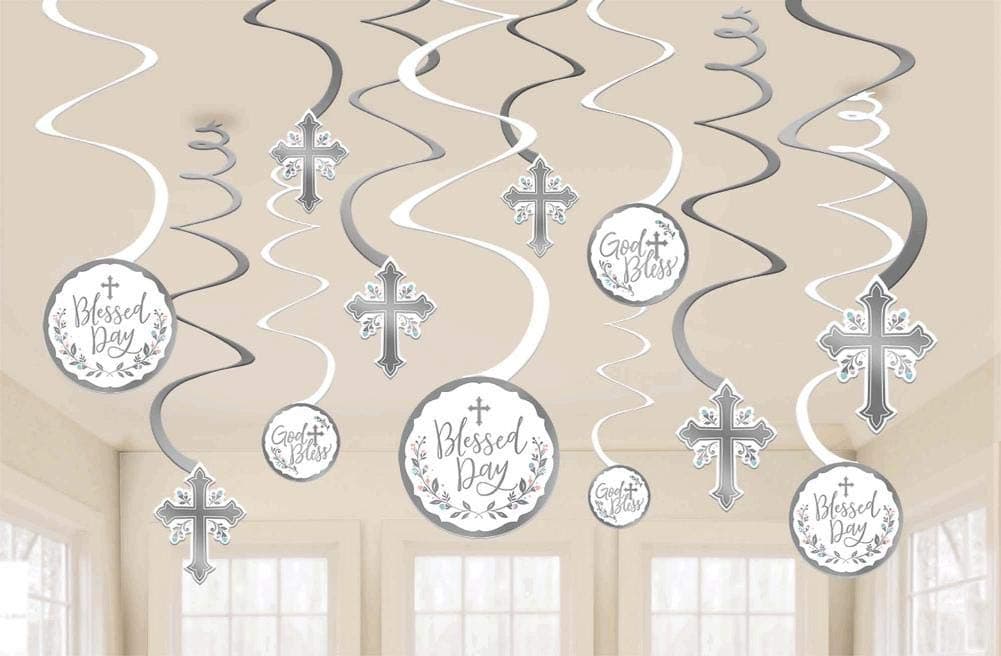 Stunning Silver Holy Day Spiral Hanging Decorations - 5" (Pack of 12) - Dazzling Cardboard Swirls - Ideal for First Communions
