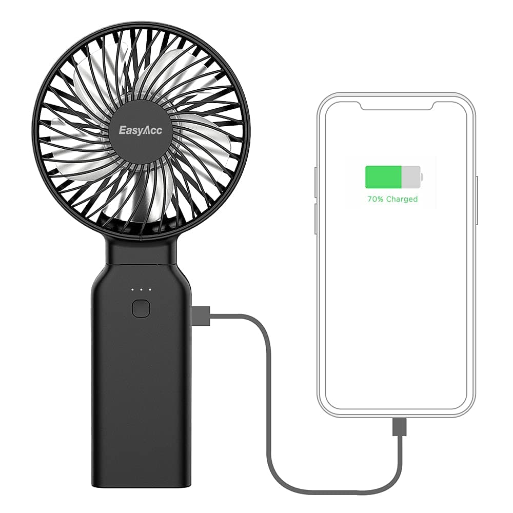 EasyAcc Portable Handheld Fan, Outdoor Fan 53Hrs 9000 Battery Travel Fan 3 IN 1 [Power Bank & One Touch Power Off & Battery Reminder] Foldable Desk Personal for Picnic/Shopping/Camping/BBQ-Black